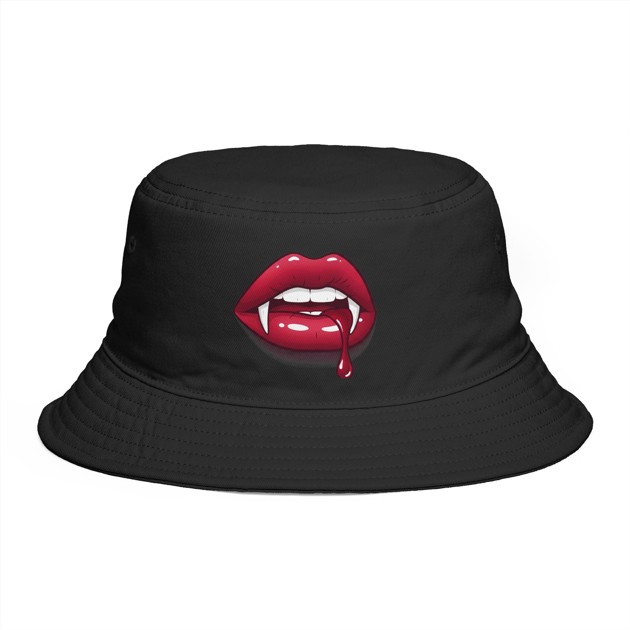 Vampire Fangs Lip Print Bucket Hat — Gothic Vampire Drip Lip Graphic Hat