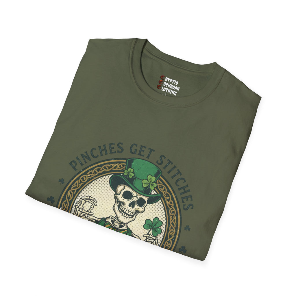 St. Patrick’s Day Skeleton T-Shirt — “Pinches Get Stitches” Shamrock Tee
