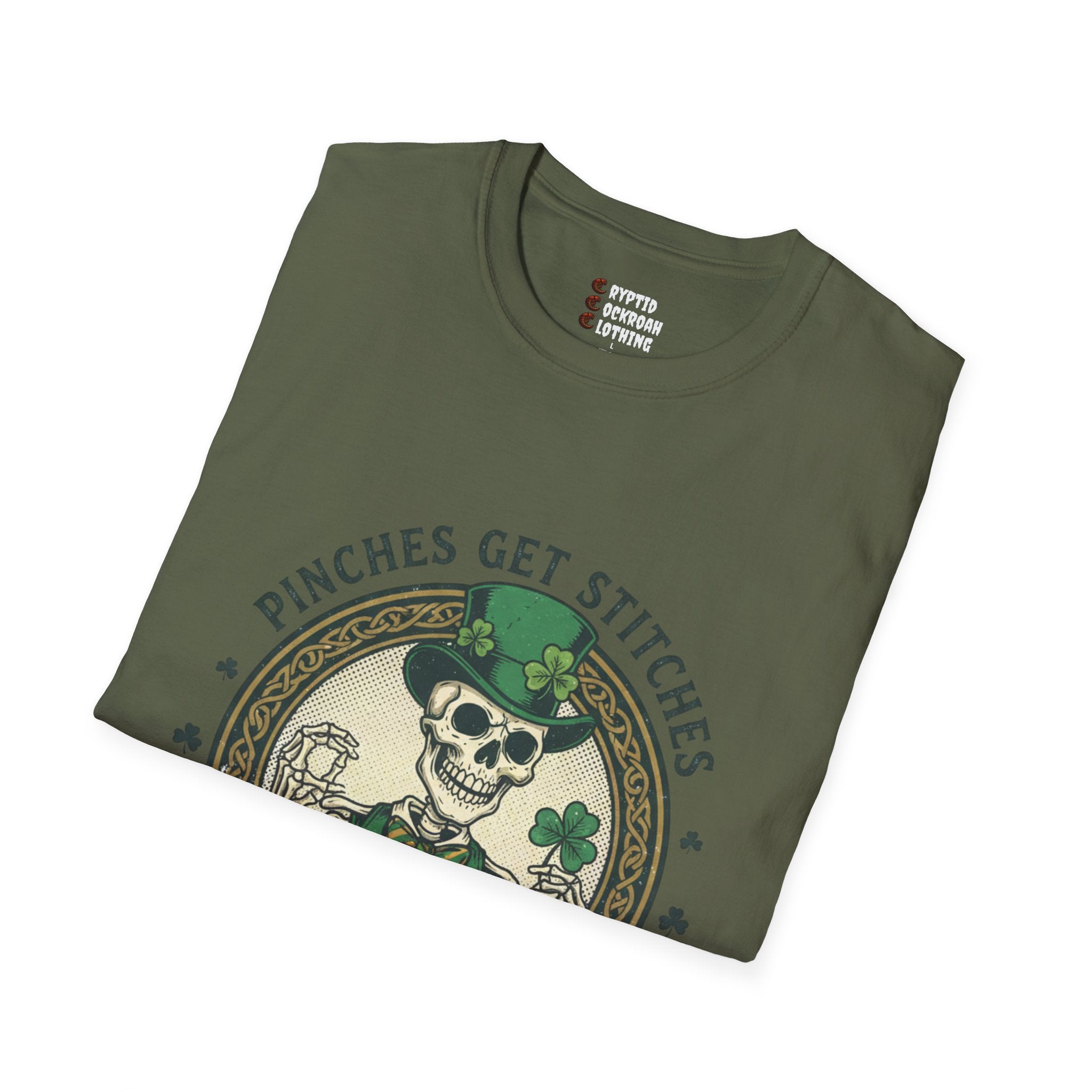 St. Patrick’s Day Skeleton T-Shirt — “Pinches Get Stitches” Shamrock Tee