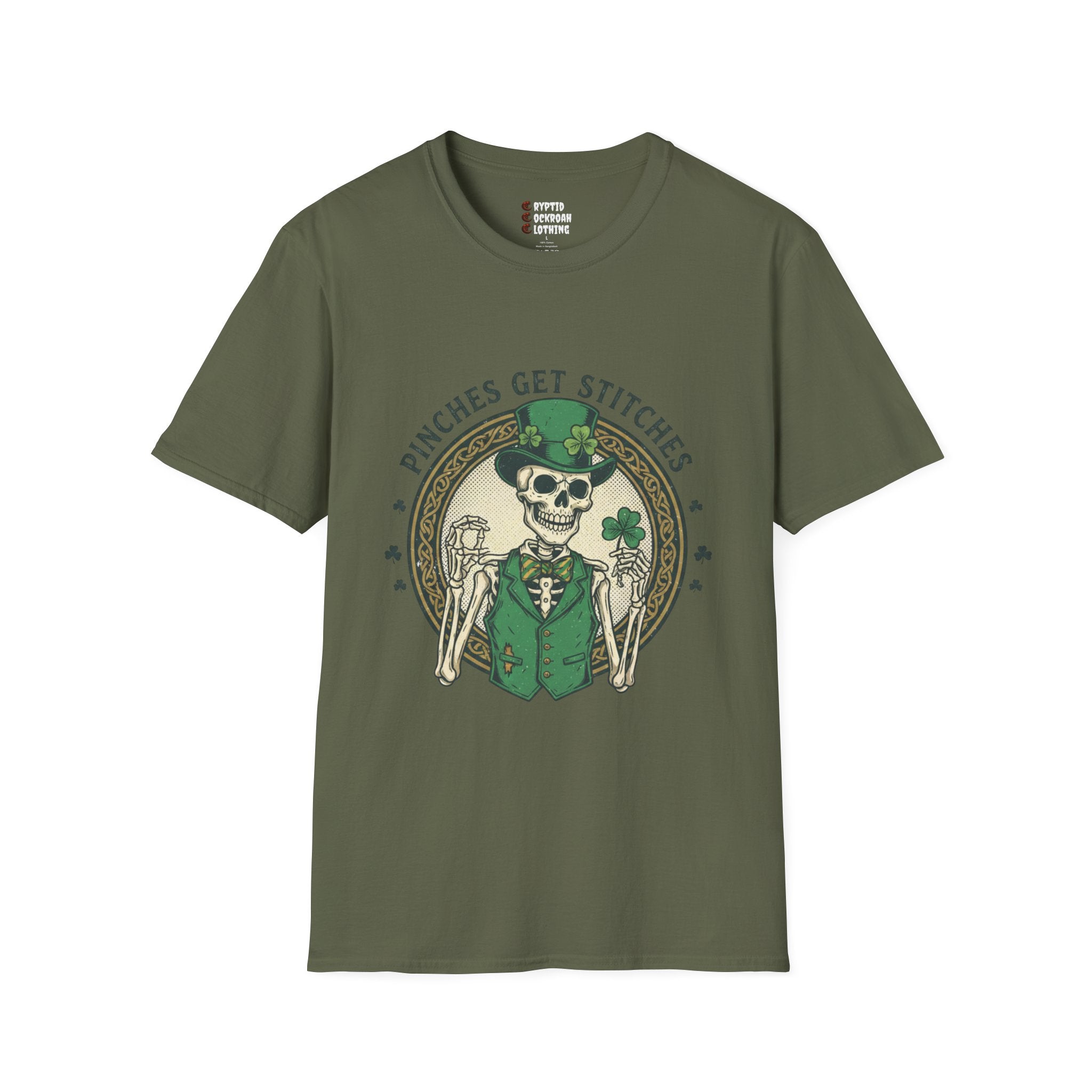 St. Patrick’s Day Skeleton T-Shirt — “Pinches Get Stitches” Shamrock Tee