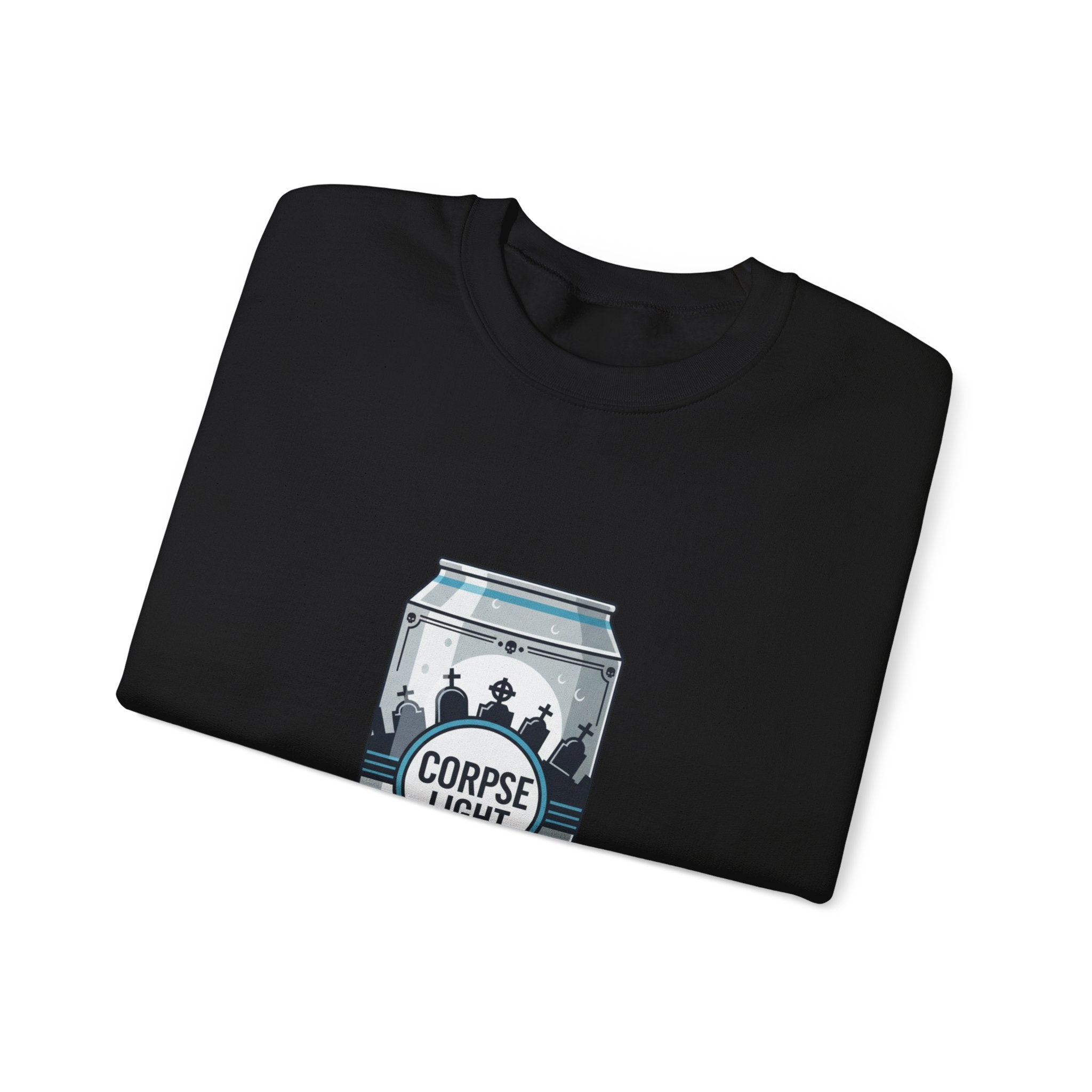 Crewneck Sweatshirt — 'Corpse Light' Beer Can Graphic Pullover