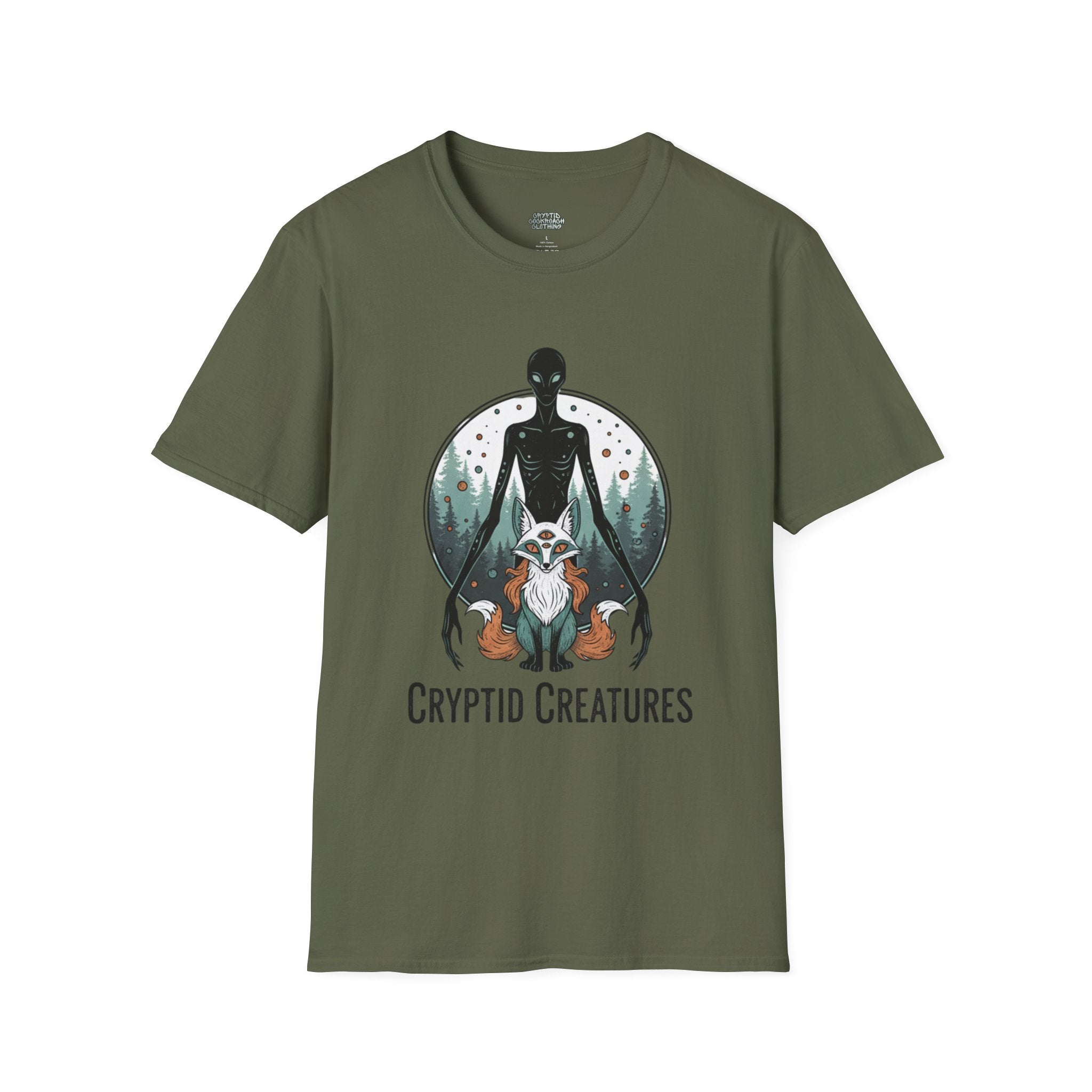 Cryptid Creatures T-Shirt — Retro Forest Sasquatch & Raccoon Mystery Tee