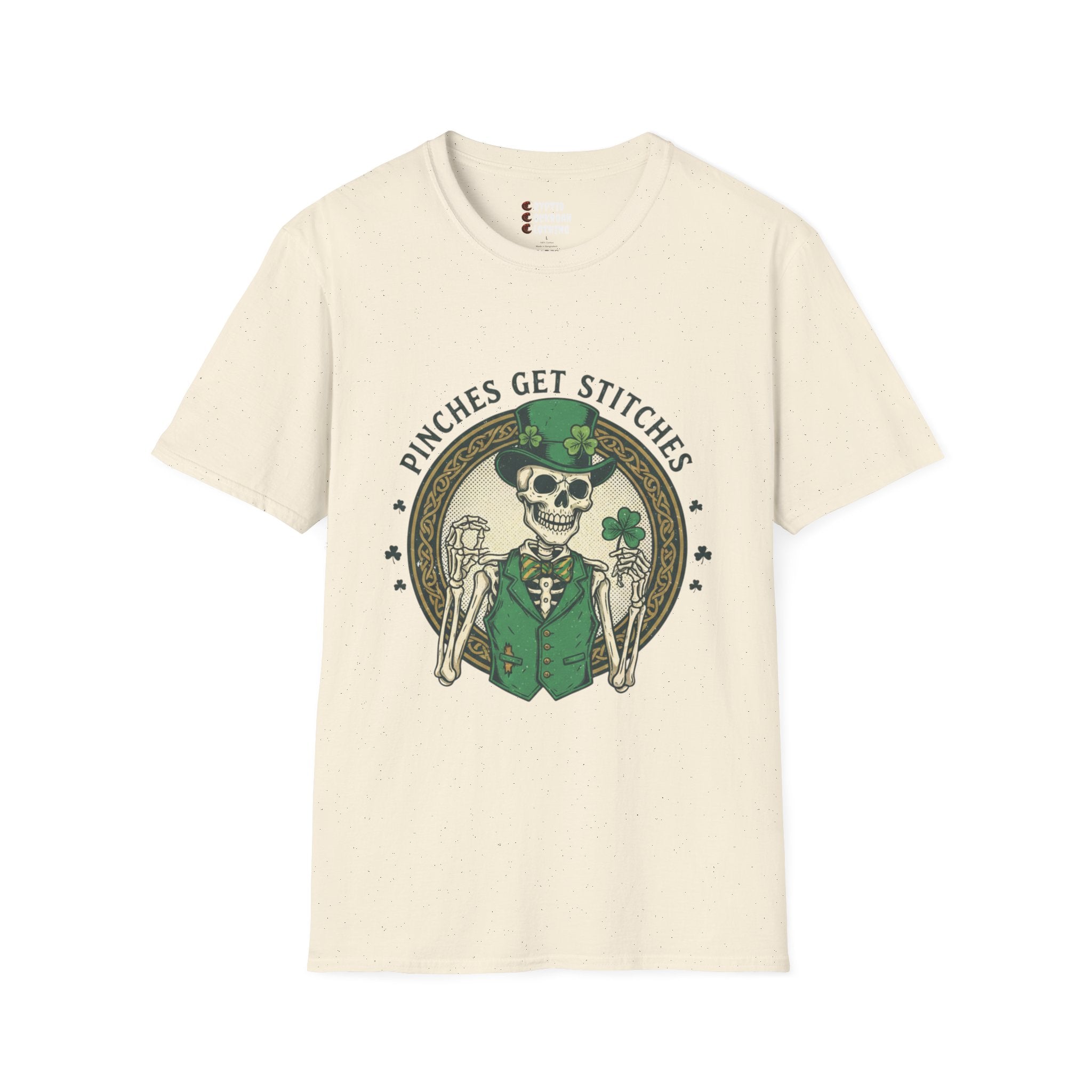 St. Patrick’s Day Skeleton T-Shirt — “Pinches Get Stitches” Shamrock Tee