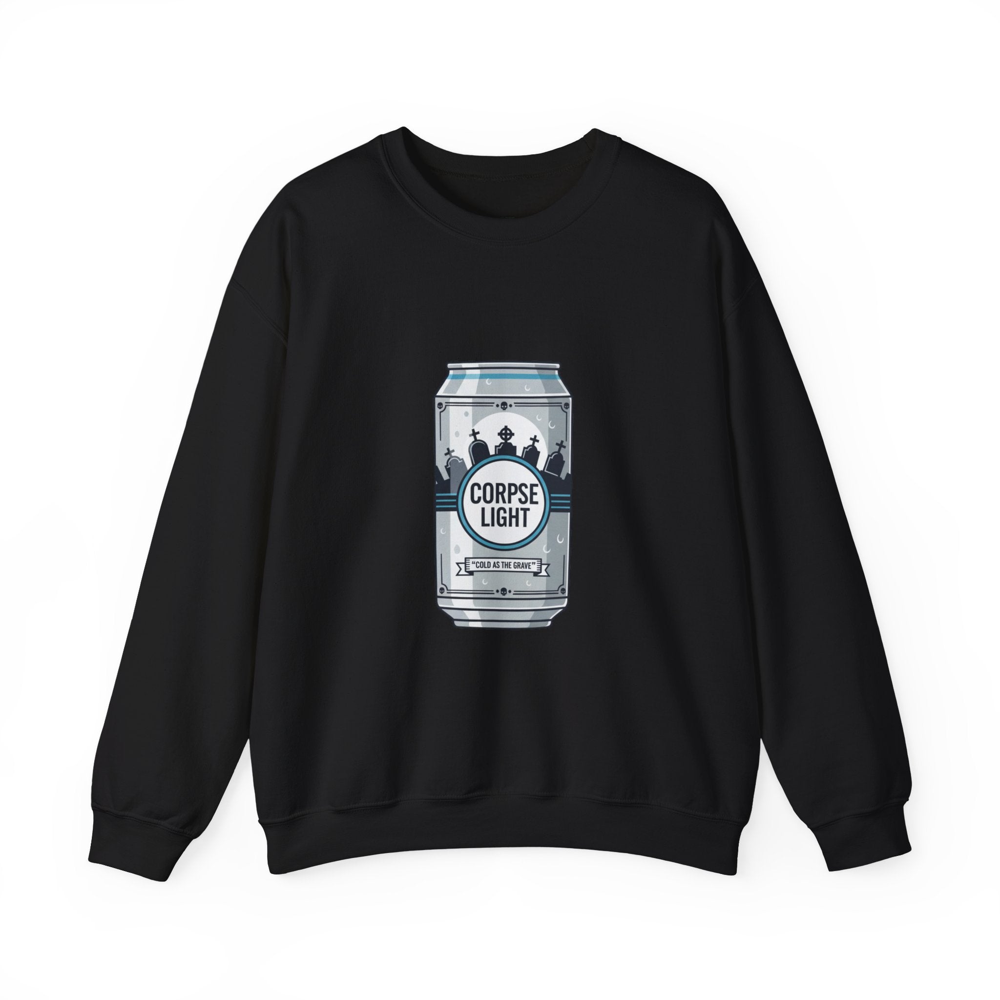 Crewneck Sweatshirt — 'Corpse Light' Beer Can Graphic Pullover