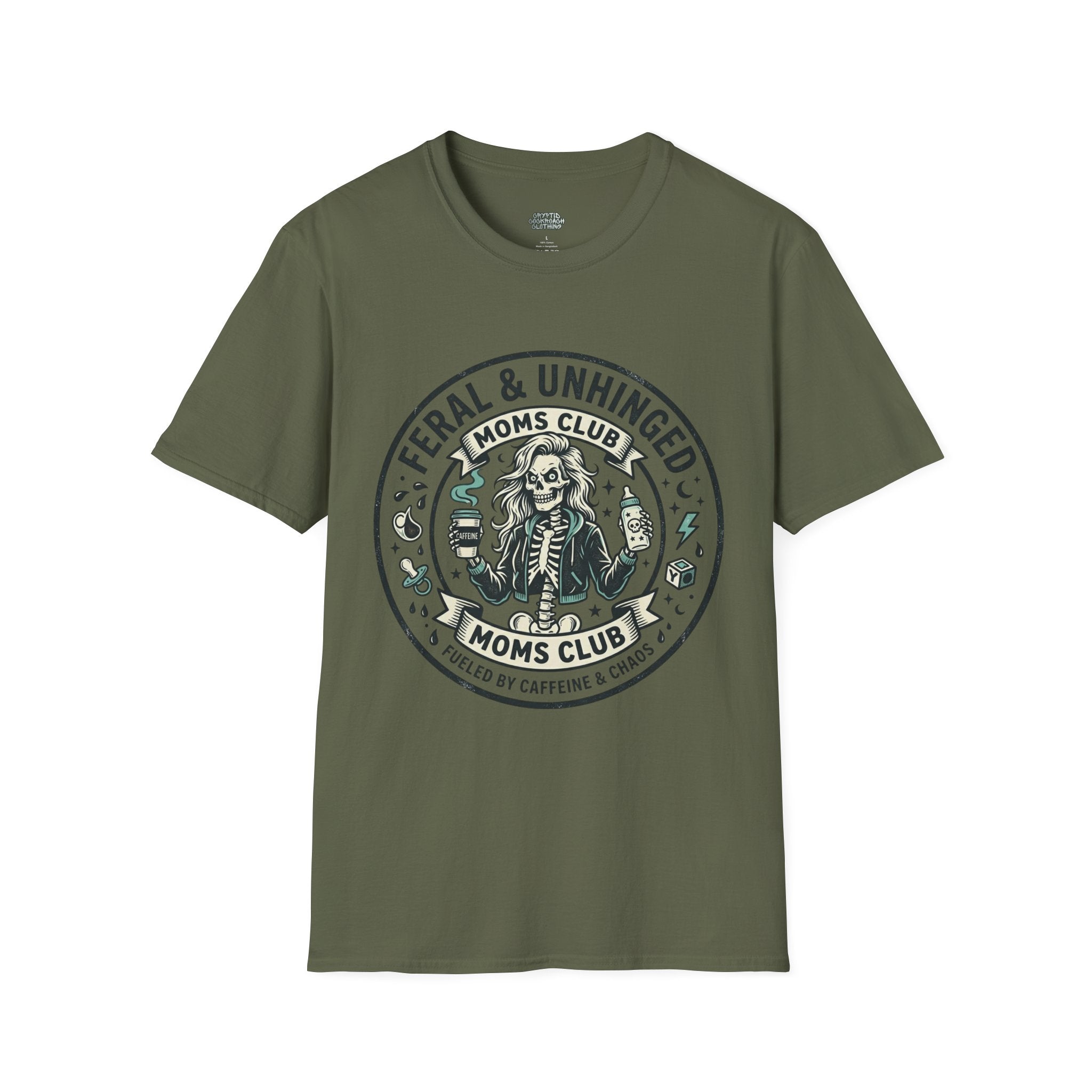Feral & Unhinged Moms Club T-Shirt — Funny Mom Graphic Tee (Fueled by Caffeine & Chaos)