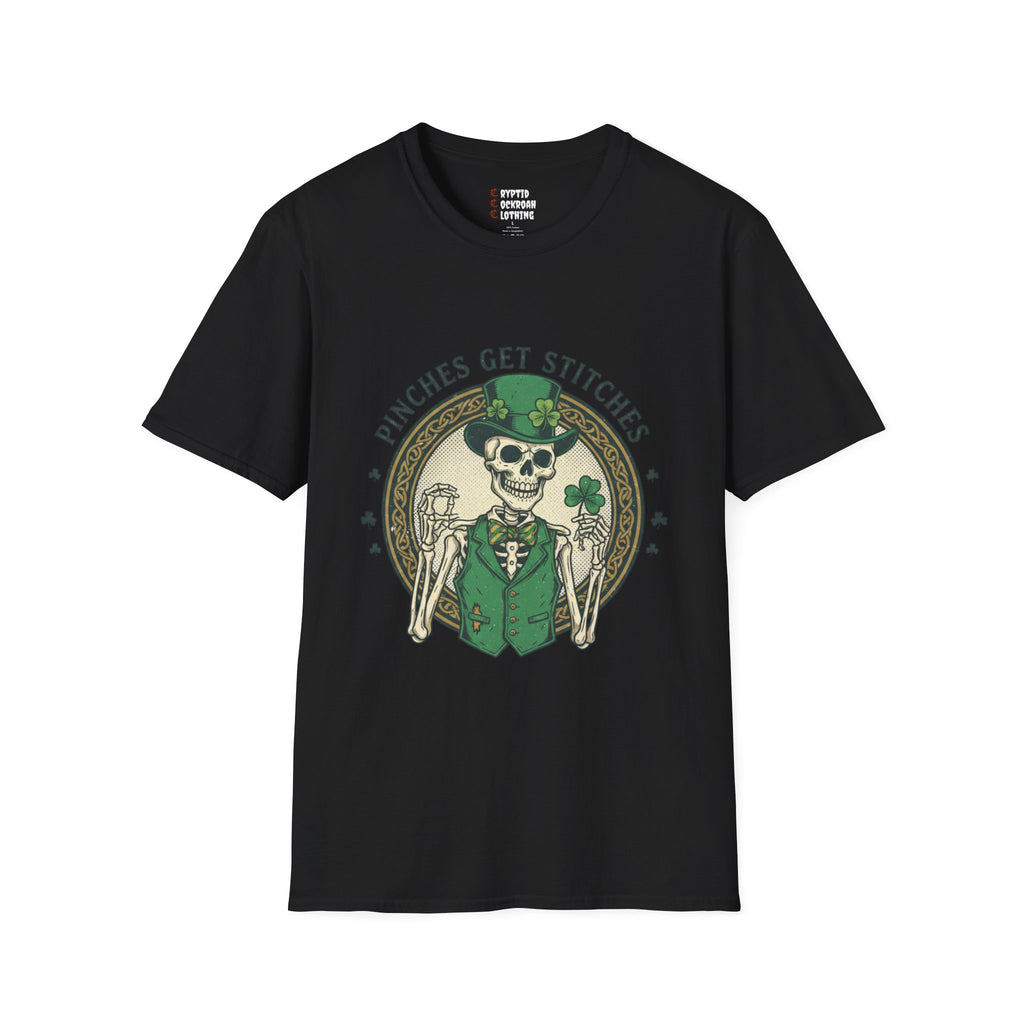 St. Patrick’s Day Skeleton T-Shirt — “Pinches Get Stitches” Shamrock Tee