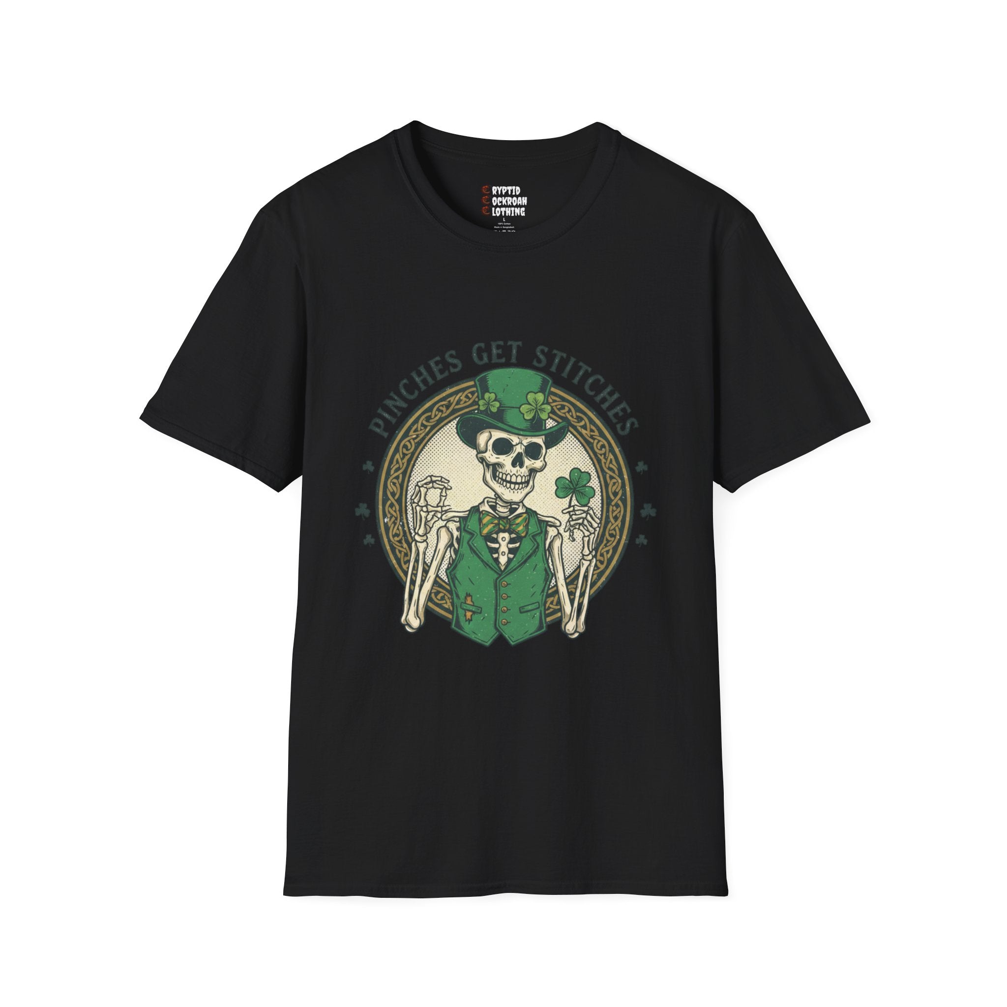St. Patrick’s Day Skeleton T-Shirt — “Pinches Get Stitches” Shamrock Tee