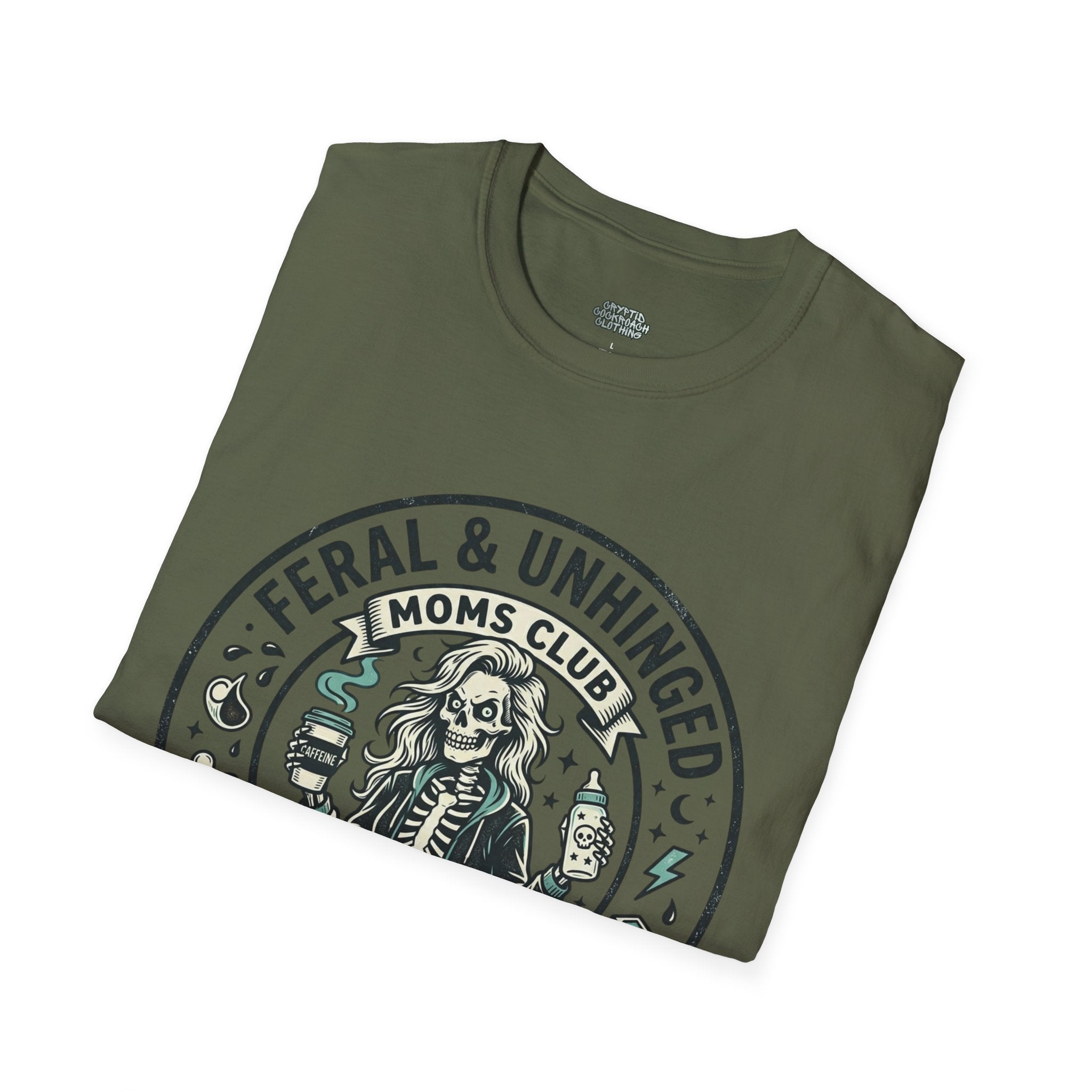 Feral & Unhinged Moms Club T-Shirt — Funny Mom Graphic Tee (Fueled by Caffeine & Chaos)
