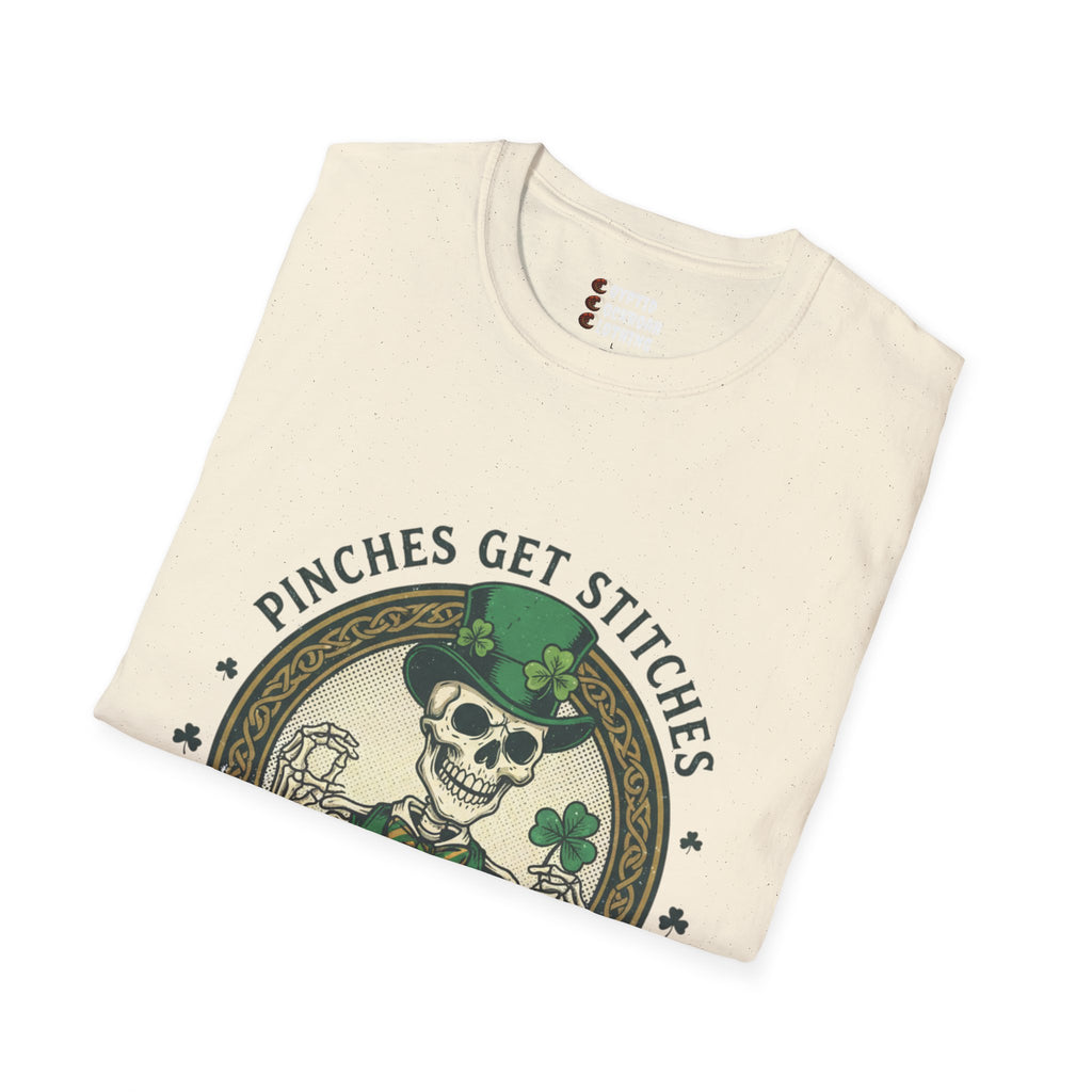 St. Patrick’s Day Skeleton T-Shirt — “Pinches Get Stitches” Shamrock Tee
