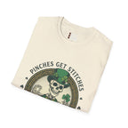 St. Patrick’s Day Skeleton T-Shirt — “Pinches Get Stitches” Shamrock Tee