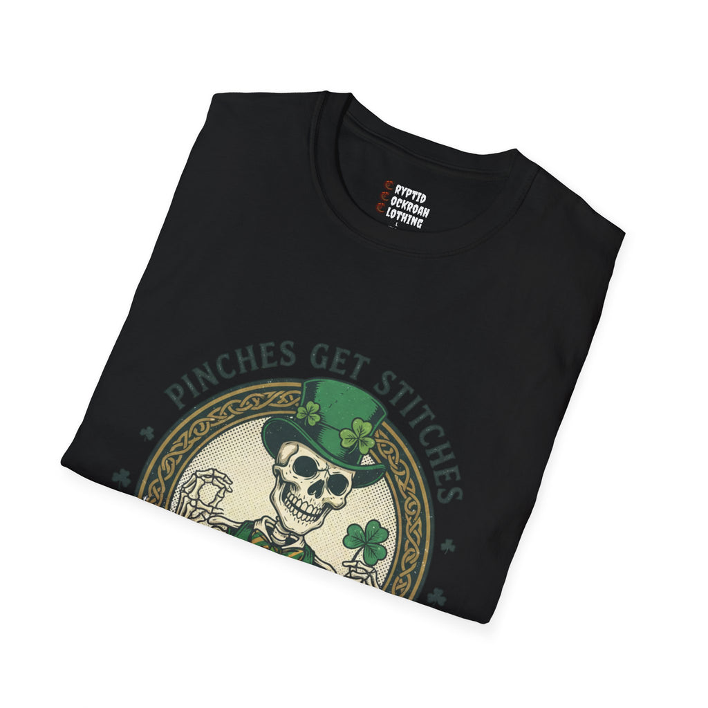 St. Patrick’s Day Skeleton T-Shirt — “Pinches Get Stitches” Shamrock Tee