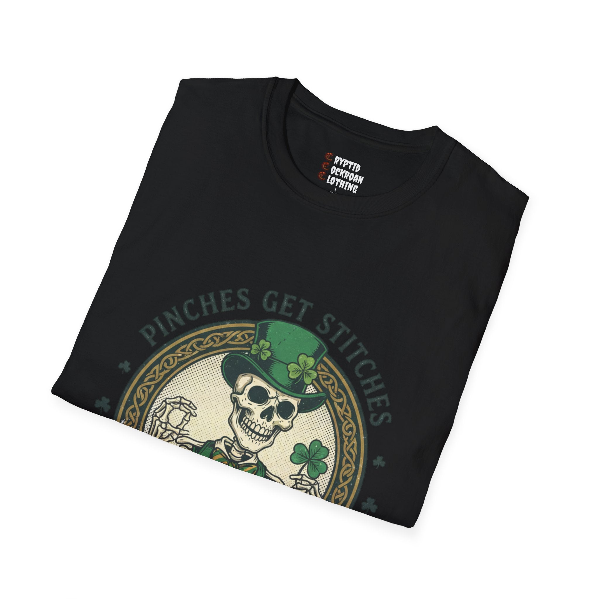 St. Patrick’s Day Skeleton T-Shirt — “Pinches Get Stitches” Shamrock Tee